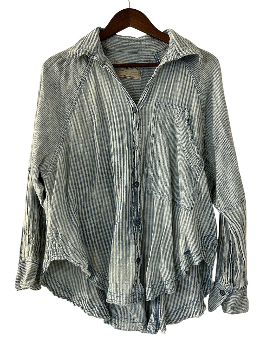 We The Free Free People XS Blue Stripe Button Front Mixed Fabric Linen Blend